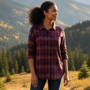 Duluth Trading Co Womens XL Plaid Flannel Free Swingin Shirt Burgundy Red Button